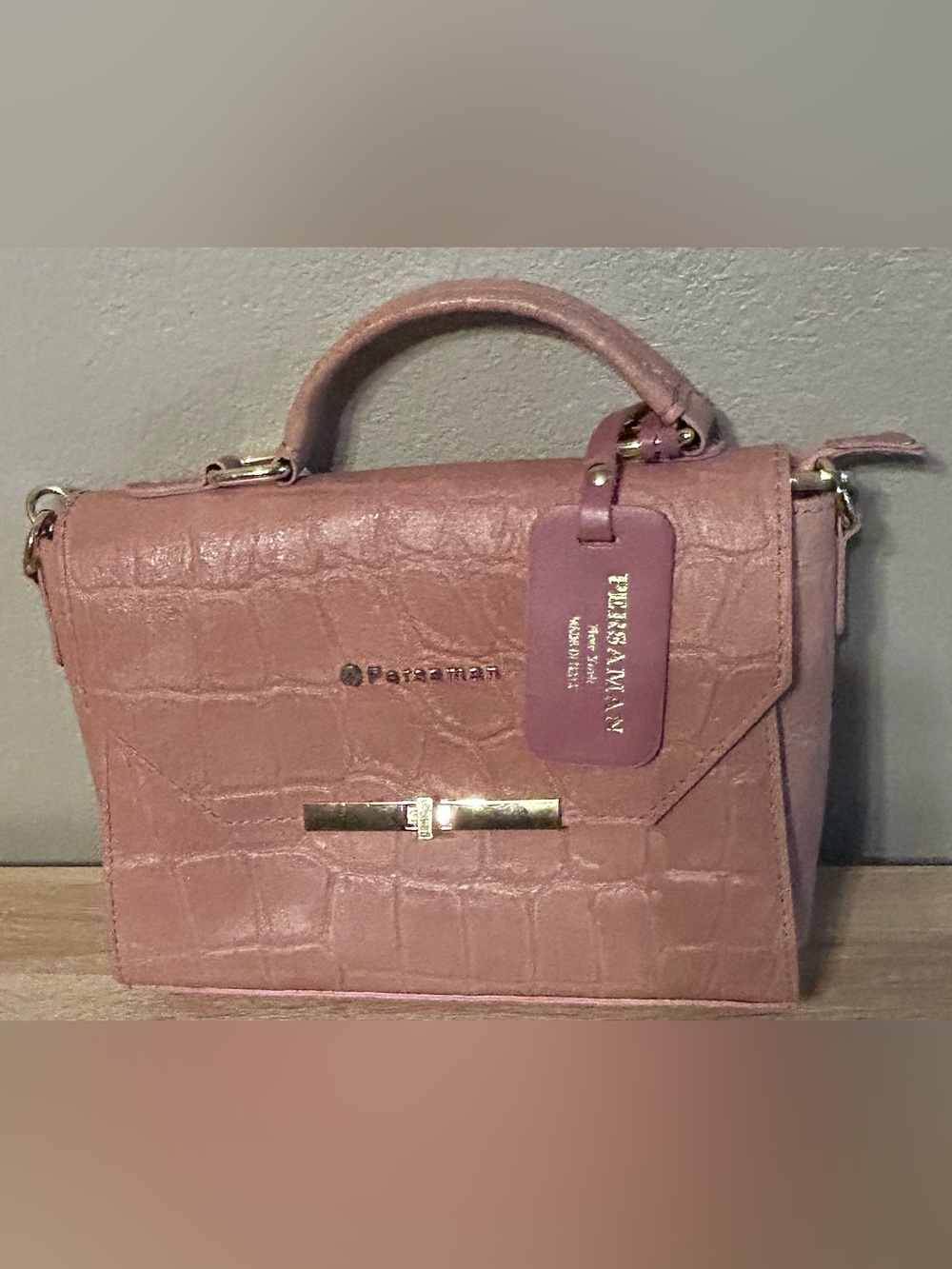 Persaman New York Baby Pink Croc-Embossed Top Handle Satchel with Gold Accents - Picture 2 of 4